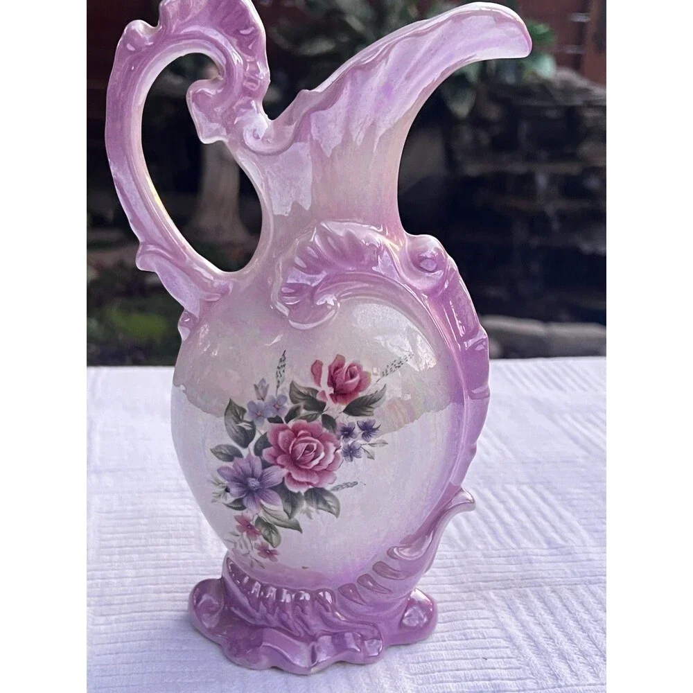 Vintage Pink Purple Ombre Iridescent Lusterware Floral Ewer Pitcher Vase 9”